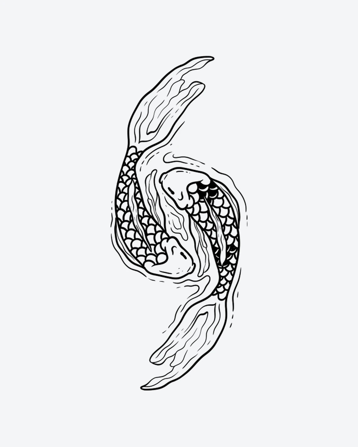 Koi Flow semi-permanent tattoo design by INKY – Line Art, Fish, Water illustration, 2 x 4 in (6x10 cm), available at inkytatt.com