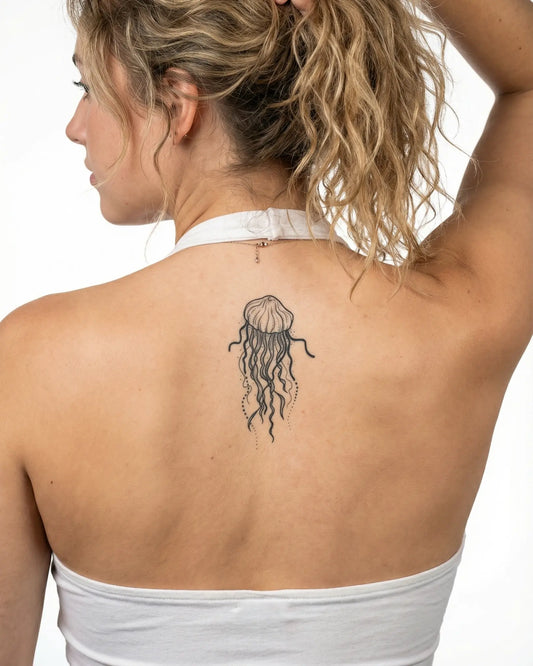 INKY Jellyfish Art semi-permanent tattoo applied on a woman – 2 x 4 in (6x10 cm) design, realistic ink look, lasts 10 days
