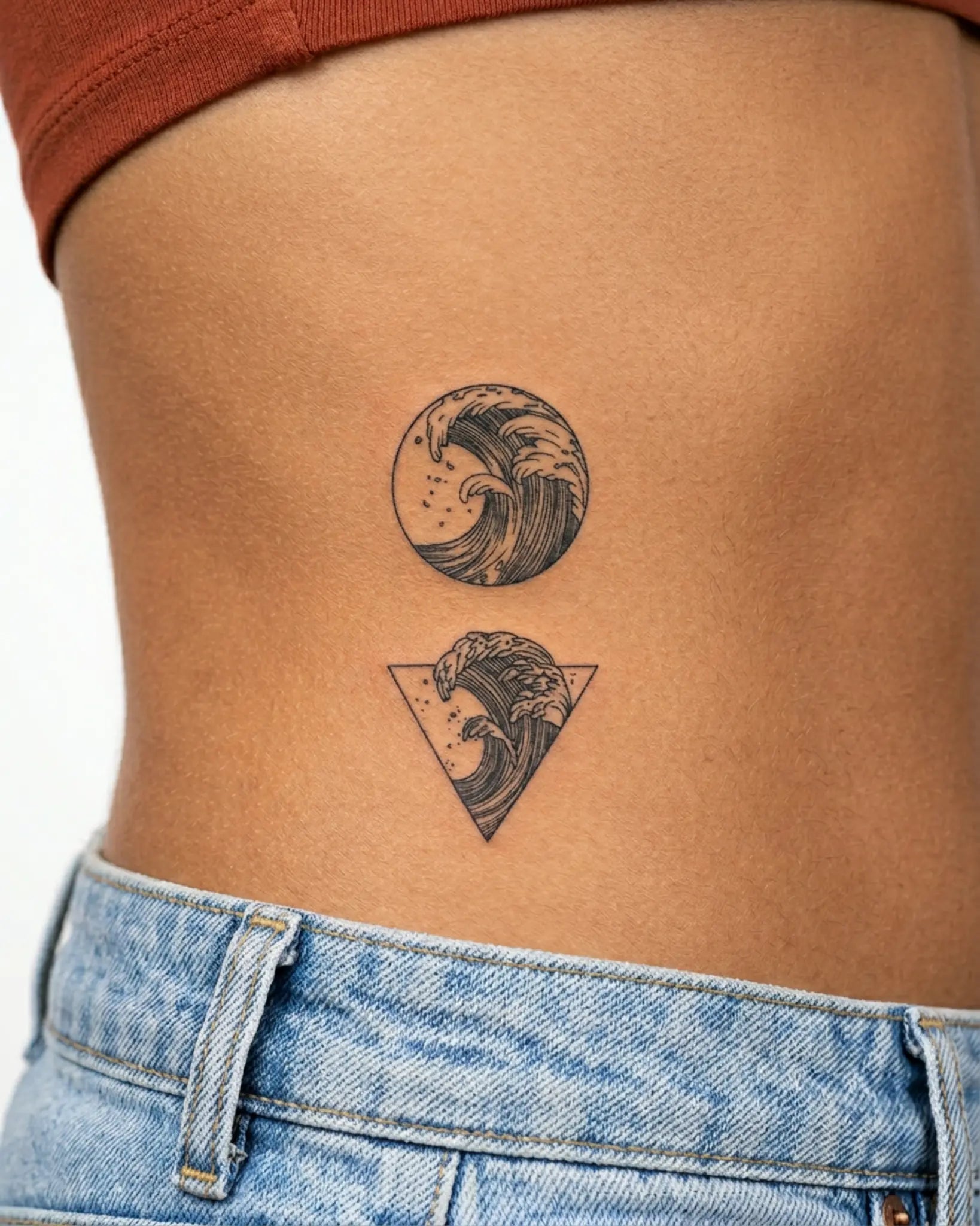 INKY Ocean Waves semi-permanent tattoo applied on a woman – 3 x 4 in (7x10 cm) design, realistic ink look, lasts 10 days