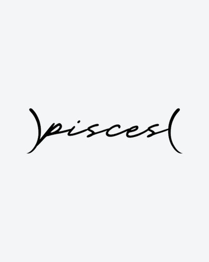 Pisces Script semi-permanent tattoo design by INKY – Lines, Pisces illustration, 2 x 2 in (4x4 cm), available at inkytatt.com