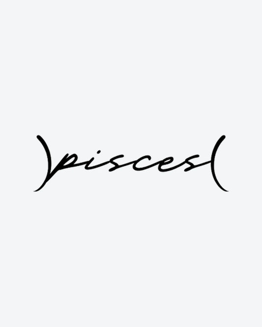Pisces Script semi-permanent tattoo design by INKY – Lines, Pisces illustration, 2 x 2 in (4x4 cm), available at inkytatt.com