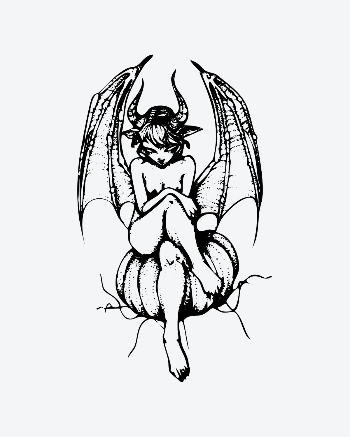 Goth Imp semi-permanent tattoo design by INKY – Fine Line, Wings, Dotwork, Bat illustration, 3 x 4 in (7x10 cm), available at inkytatt.com