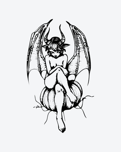 Goth Imp semi-permanent tattoo design by INKY – Fine Line, Wings, Dotwork, Bat illustration, 3 x 4 in (7x10 cm), available at inkytatt.com