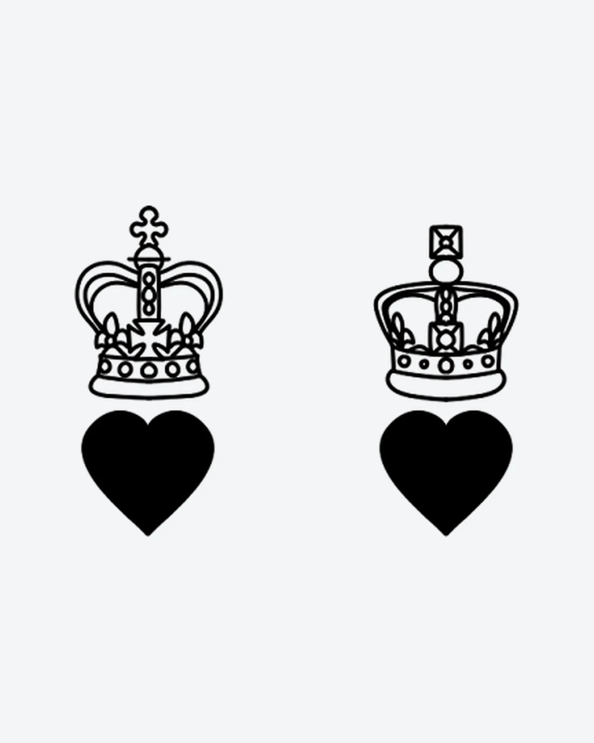 His & Hers semi-permanent tattoo design by INKY – Fine Line, Heart, Cross, Crown, Geometric illustration, 2 x 2 in (4x4 cm), available at inkytatt.com