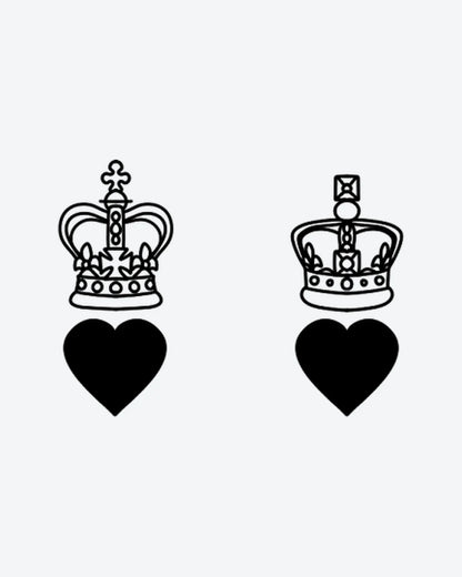 His & Hers semi-permanent tattoo design by INKY – Fine Line, Heart, Cross, Crown, Geometric illustration, 2 x 2 in (4x4 cm), available at inkytatt.com