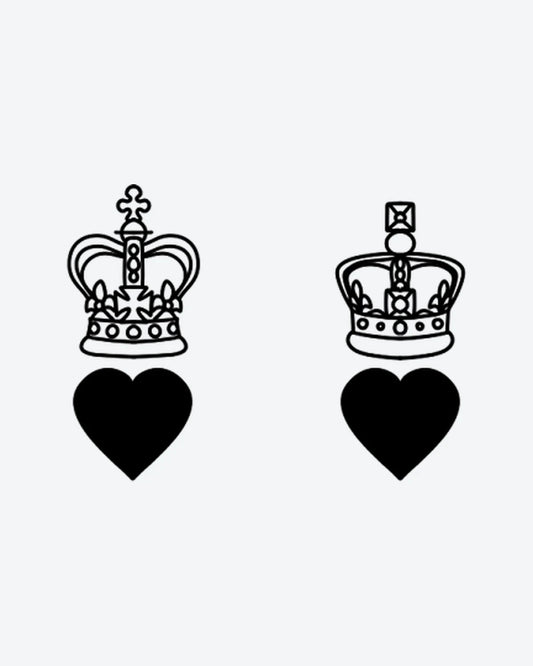 His & Hers semi-permanent tattoo design by INKY – Fine Line, Heart, Cross, Crown, Geometric illustration, 2 x 2 in (4x4 cm), available at inkytatt.com
