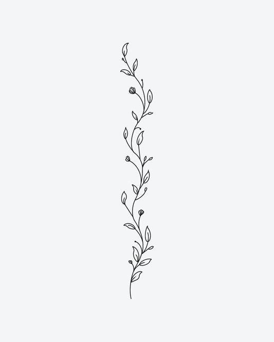 Graceful Vine semi-permanent tattoo design by INKY – Fine Line, Flower, Leaves, Vine, Bud illustration, 4 x 8 in (11x20 cm), available at inkytatt.com
