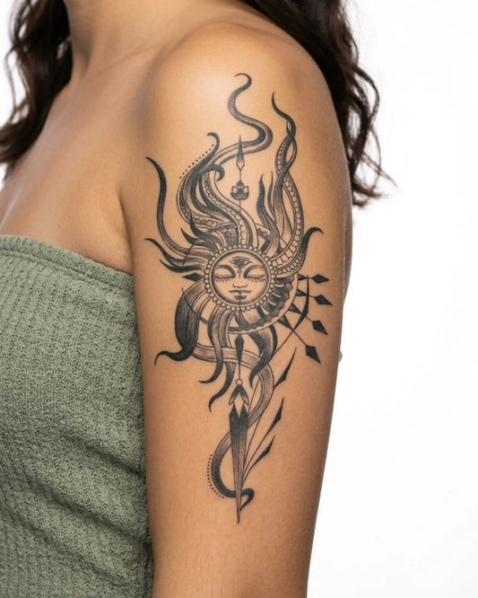 INKY Mystic Sun semi-permanent tattoo applied on a woman – 4 x 7 in (10x17 cm) design, realistic ink look, lasts 10 days