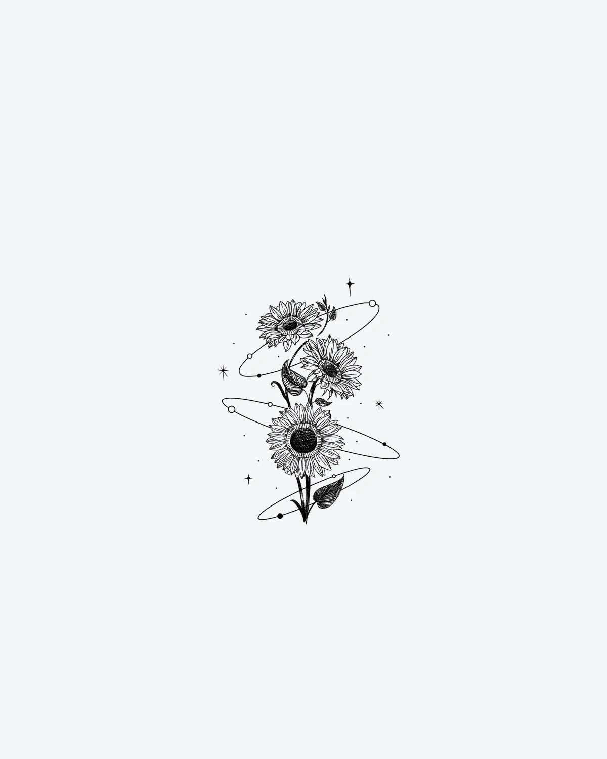 Sunflower Orb 2 semi-permanent tattoo design by INKY – Fine Line, Leaves, Sunflower, Star, Planet illustration, 2 x 4 in (6x10 cm), available at inkytatt.com