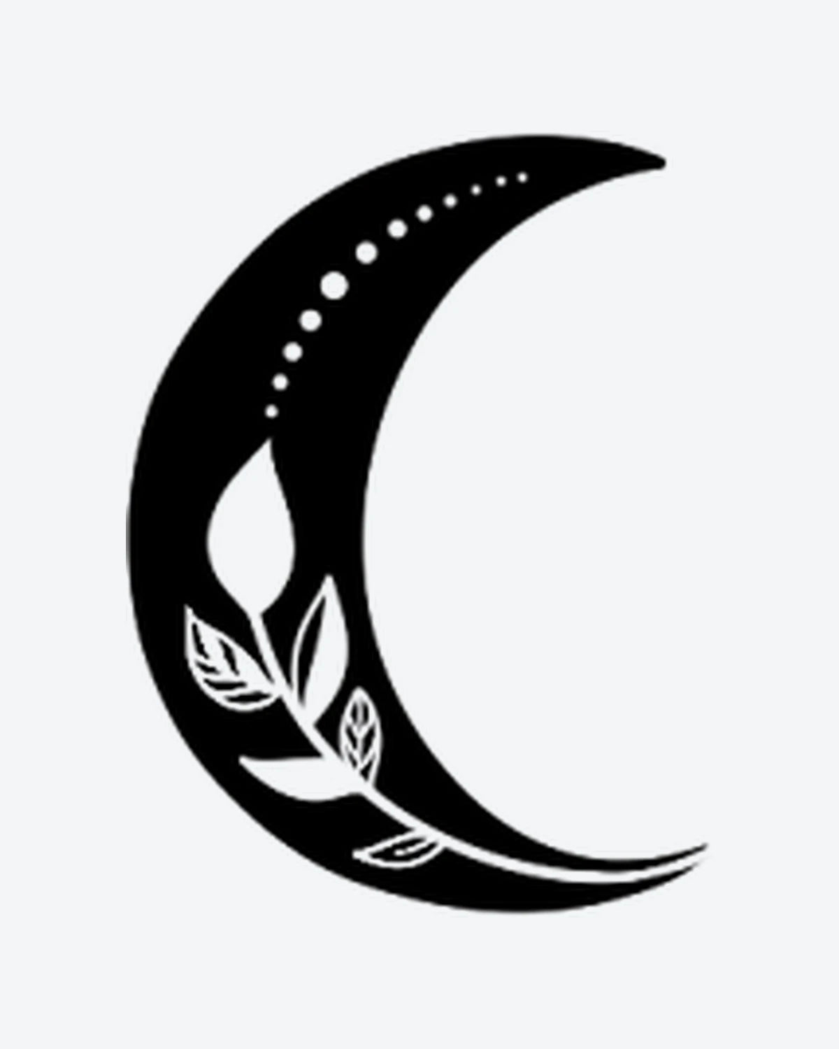 Moon Bloom semi-permanent tattoo design by INKY – Crescent Moon, Leaves, Dots, Bud illustration, 2 x 2 in (4x4 cm), available at inkytatt.com