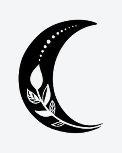 Moon Bloom semi-permanent tattoo design by INKY – Crescent Moon, Leaves, Dots, Bud illustration, 2 x 2 in (4x4 cm), available at inkytatt.com