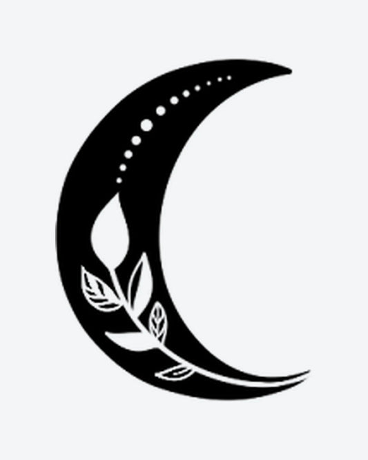 Moon Bloom semi-permanent tattoo design by INKY – Crescent Moon, Leaves, Dots, Bud illustration, 2 x 2 in (4x4 cm), available at inkytatt.com