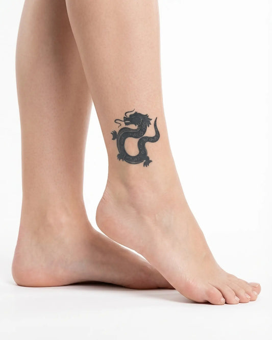 INKY Dragon Art semi-permanent tattoo applied on a woman – 2 x 2 in (4x4 cm) design, realistic ink look, lasts 10 days
