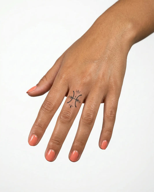 INKY Pisces Symbol 2 semi-permanent tattoo applied on a woman – 0.5 x 0.5 in (1x1 cm) design, realistic ink look, lasts 10 days
