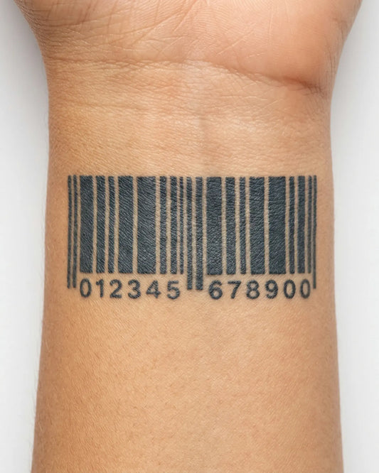 INKY Barcode ID semi-permanent tattoo applied on a woman – 2 x 2 in (4x4 cm) design, realistic ink look, lasts 10 days