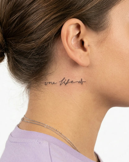 INKY Life Beat semi-permanent tattoo applied on a woman – 2 x 2 in (4x4 cm) design, realistic ink look, lasts 10 days