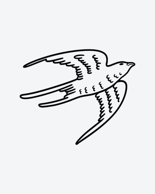 Flying Bird 3 semi-permanent tattoo design by INKY – Fine Line, Bird, Feather, Wings illustration, 3 x 3 in (7x7 cm), available at inkytatt.com