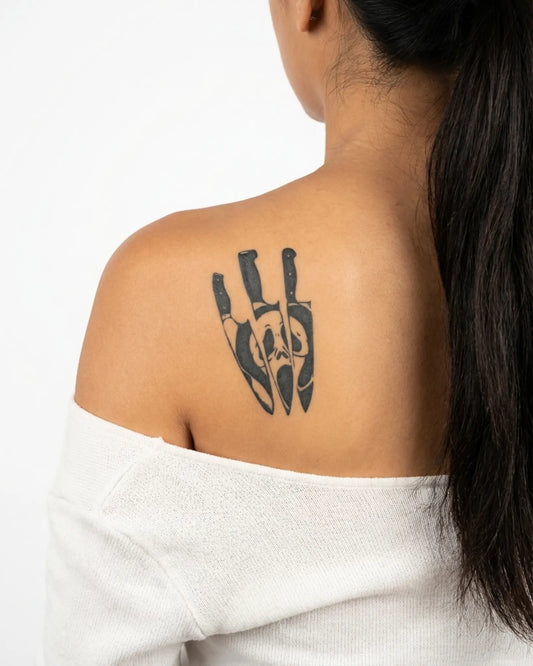 INKY Scream Slash semi-permanent tattoo applied on a woman – 3 x 3 in (7x7 cm) design, realistic ink look, lasts 10 days