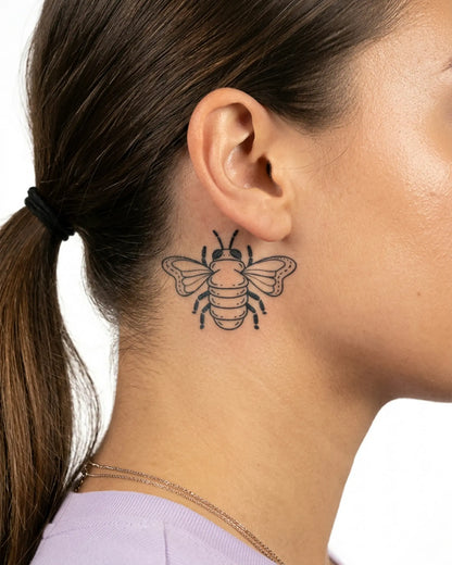 INKY Buzz Bee semi-permanent tattoo applied on a woman – 2 x 2 in (4x4 cm) design, realistic ink look, lasts 10 days
