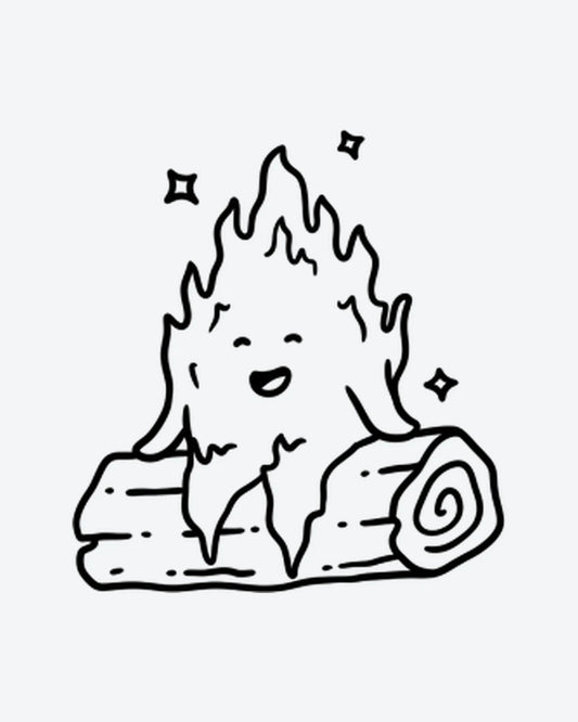 Smiley Fire semi-permanent tattoo design by INKY – Line Art, Sparkle, Eye, Flame, Face illustration, 2 x 2 in (4x4 cm), available at inkytatt.com