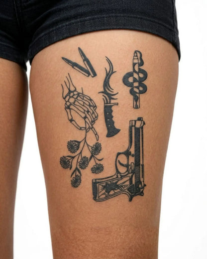 INKY Bullet Bloom semi-permanent tattoo applied on a woman – 4 x 7 in (10x17 cm) design, realistic ink look, lasts 10 days