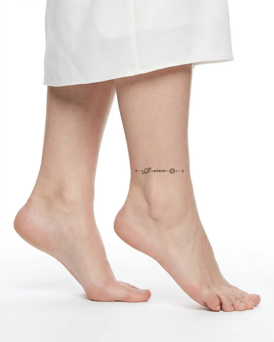 INKY Cosmic Line semi-permanent tattoo applied on a woman – 2 x 2 in (4x4 cm) design, realistic ink look, lasts 10 days