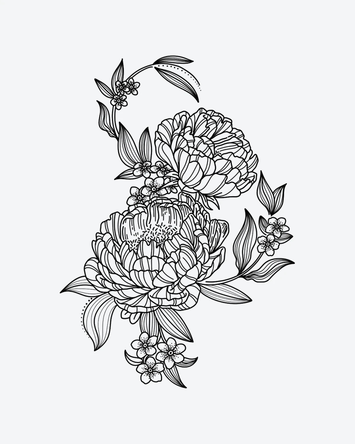 Blossom Duo semi-permanent tattoo design by INKY – Fine Line, Flower, Leaves, Peony, Dotwork illustration, 4 x 7 in (10x17 cm), available at inkytatt.com