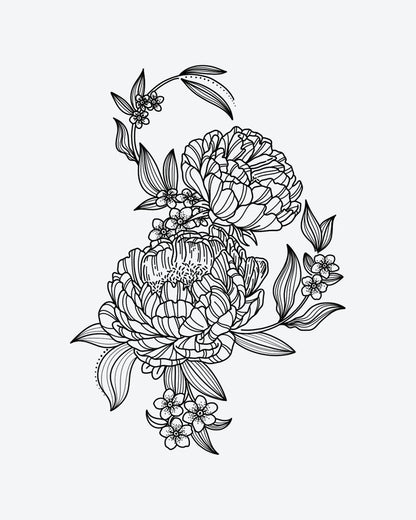 Blossom Duo semi-permanent tattoo design by INKY – Fine Line, Flower, Leaves, Peony, Dotwork illustration, 4 x 7 in (10x17 cm), available at inkytatt.com