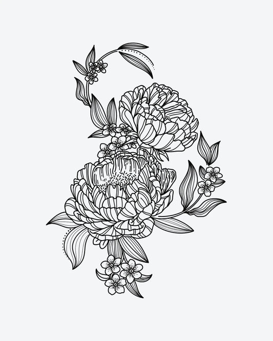 Blossom Duo semi-permanent tattoo design by INKY – Fine Line, Flower, Leaves, Peony, Dotwork illustration, 4 x 7 in (10x17 cm), available at inkytatt.com