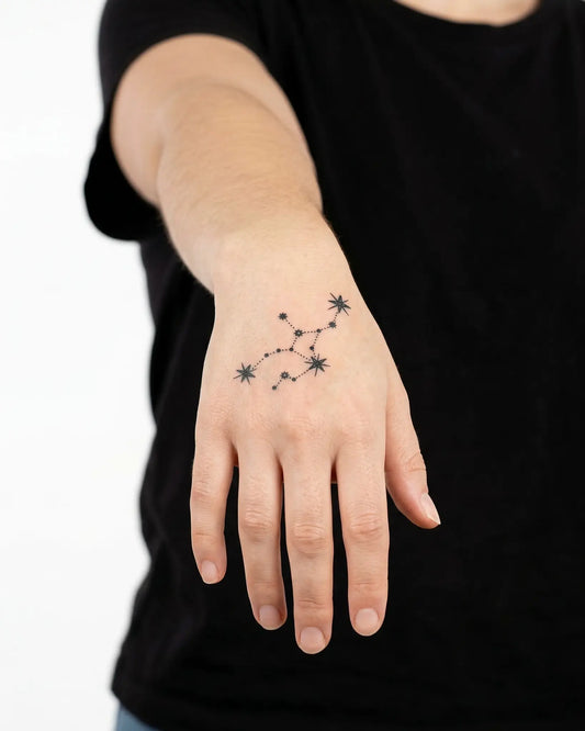 INKY Constellation Virgo semi-permanent tattoo applied on a woman – 2 x 2 in (4x4 cm) design, realistic ink look, lasts 10 days
