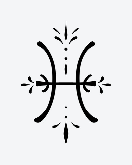 Pisces Symbol semi-permanent tattoo design by INKY – Leaf, Dots, Pisces illustration, 2 x 2 in (4x4 cm), available at inkytatt.com