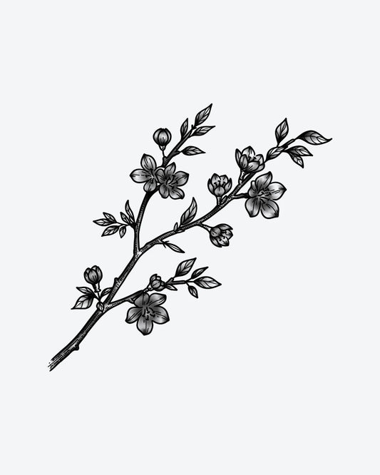 Flower Stem semi-permanent tattoo design by INKY – Flower, Leaves, Lines, Bud, Branch illustration, 4 x 7 in (10x17 cm), available at inkytatt.com