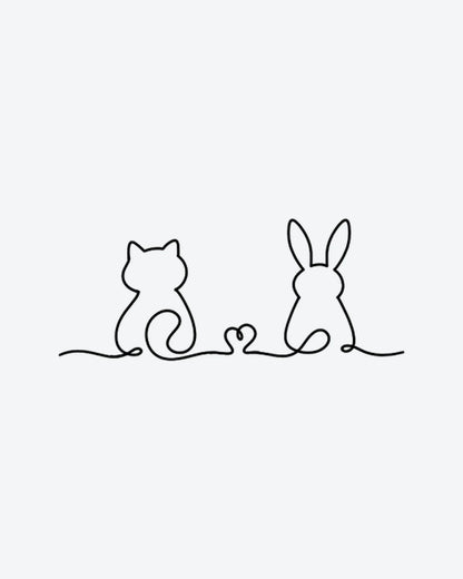 Cat & Bunny semi-permanent tattoo design by INKY – Fine Line, Cat, Heart, Rabbit illustration, 3 x 3 in (7x7 cm), available at inkytatt.com