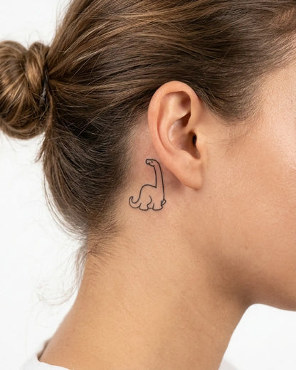 INKY Happy Dino semi-permanent tattoo applied on a woman – 0.5 x 0.5 in (1x1 cm) design, realistic ink look, lasts 10 days