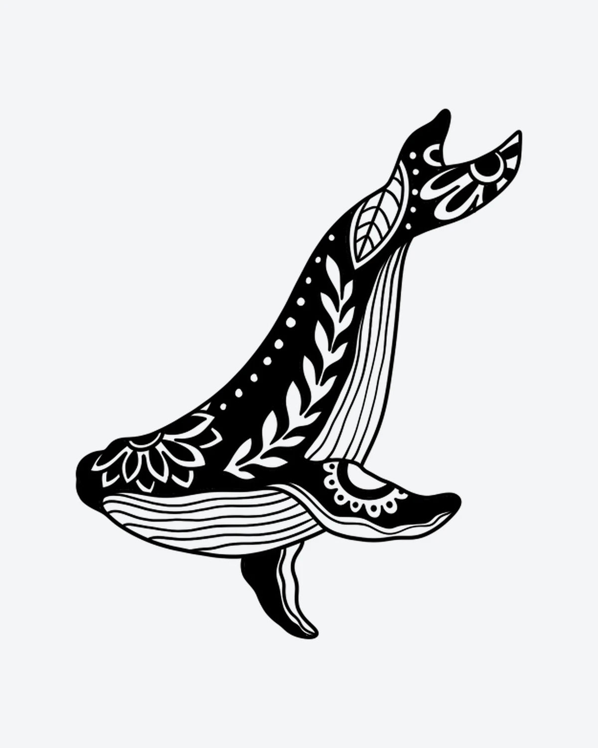 Whale Bloom semi-permanent tattoo design by INKY – Leaves, Whale, Dots, Pattern illustration, 3 x 3 in (7x7 cm), available at inkytatt.com
