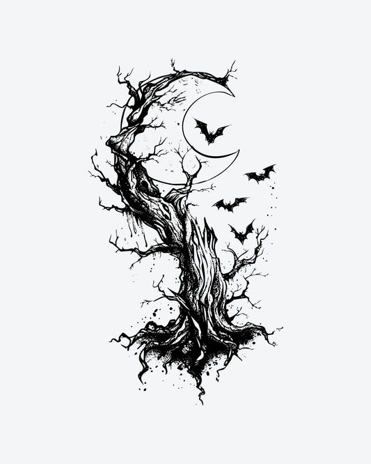 Gothic Tree semi-permanent tattoo design by INKY – Crescent Moon, Tree, Bat, Root, Branches illustration, 2 x 4 in (6x10 cm), available at inkytatt.com