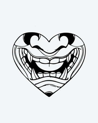 Fanged Heart semi-permanent tattoo design by INKY – Heart, Eye, Lines illustration, 3 x 3 in (7x7 cm), available at inkytatt.com