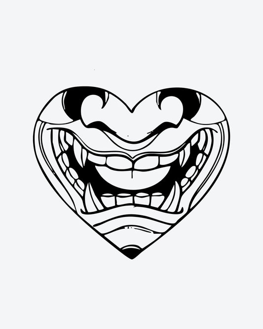 Fanged Heart semi-permanent tattoo design by INKY – Heart, Eye, Lines illustration, 3 x 3 in (7x7 cm), available at inkytatt.com