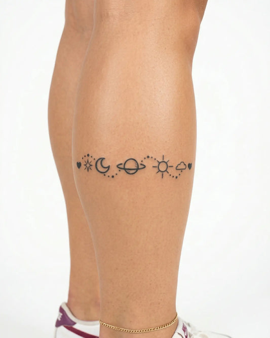 INKY Celestial Dot semi-permanent tattoo applied on a woman – 2 x 4 in (6x10 cm) design, realistic ink look, lasts 10 days
