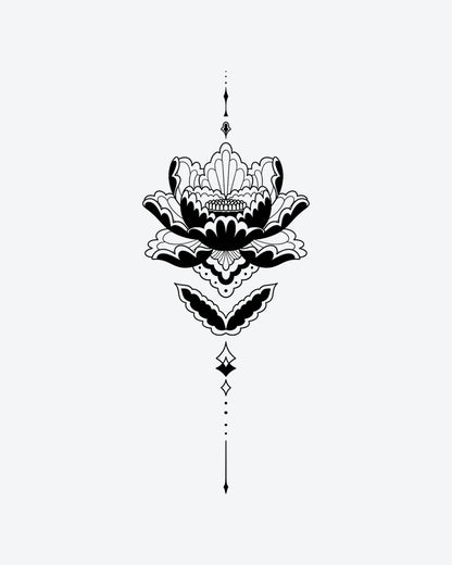 Lotus Bloom semi-permanent tattoo design by INKY – Lotus Flower, Fine Line, Geometric, Petal illustration, 4 x 7 in (10x17 cm), available at inkytatt.com