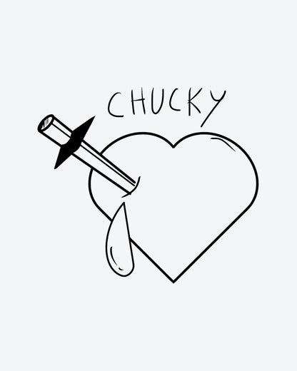 Chucky Heart semi-permanent tattoo design by INKY – Heart, Dagger, Hand illustration, 0.5 x 0.5 in (1x1 cm), available at inkytatt.com