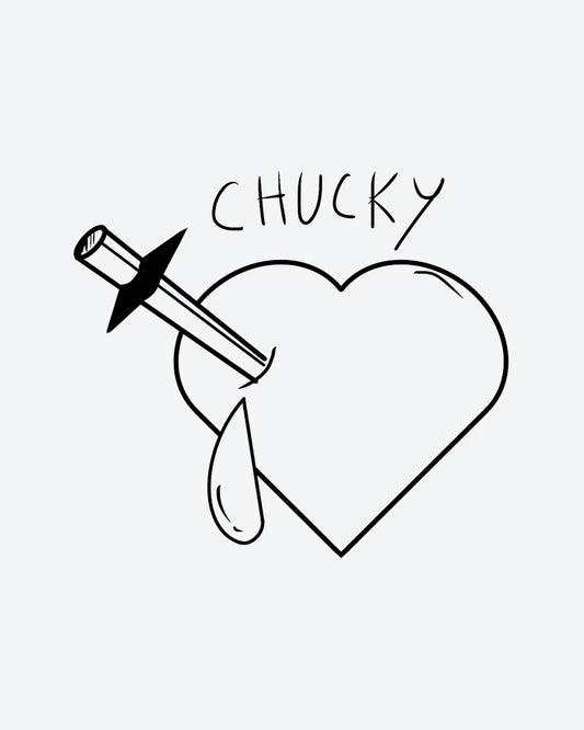 Chucky Heart semi-permanent tattoo design by INKY – Heart, Dagger, Hand illustration, 0.5 x 0.5 in (1x1 cm), available at inkytatt.com