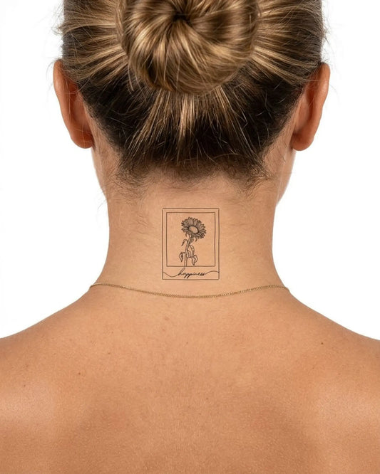 INKY Happy Sun semi-permanent tattoo applied on a woman – 2 x 2 in (4x4 cm) design, realistic ink look, lasts 10 days