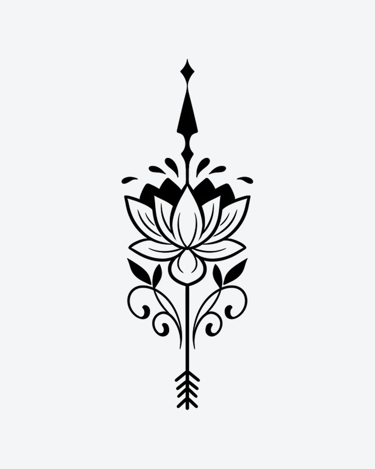 Lotus Arrow semi-permanent tattoo design by INKY – Lotus Flower, Fine Line, Leaves, Arrow, Diamond illustration, 2 x 4 in (6x10 cm), available at inkytatt.com