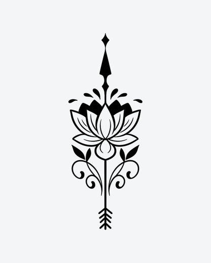 Lotus Arrow semi-permanent tattoo design by INKY – Lotus Flower, Fine Line, Leaves, Arrow, Diamond illustration, 2 x 4 in (6x10 cm), available at inkytatt.com