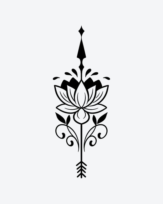 Lotus Arrow semi-permanent tattoo design by INKY – Lotus Flower, Fine Line, Leaves, Arrow, Diamond illustration, 2 x 4 in (6x10 cm), available at inkytatt.com