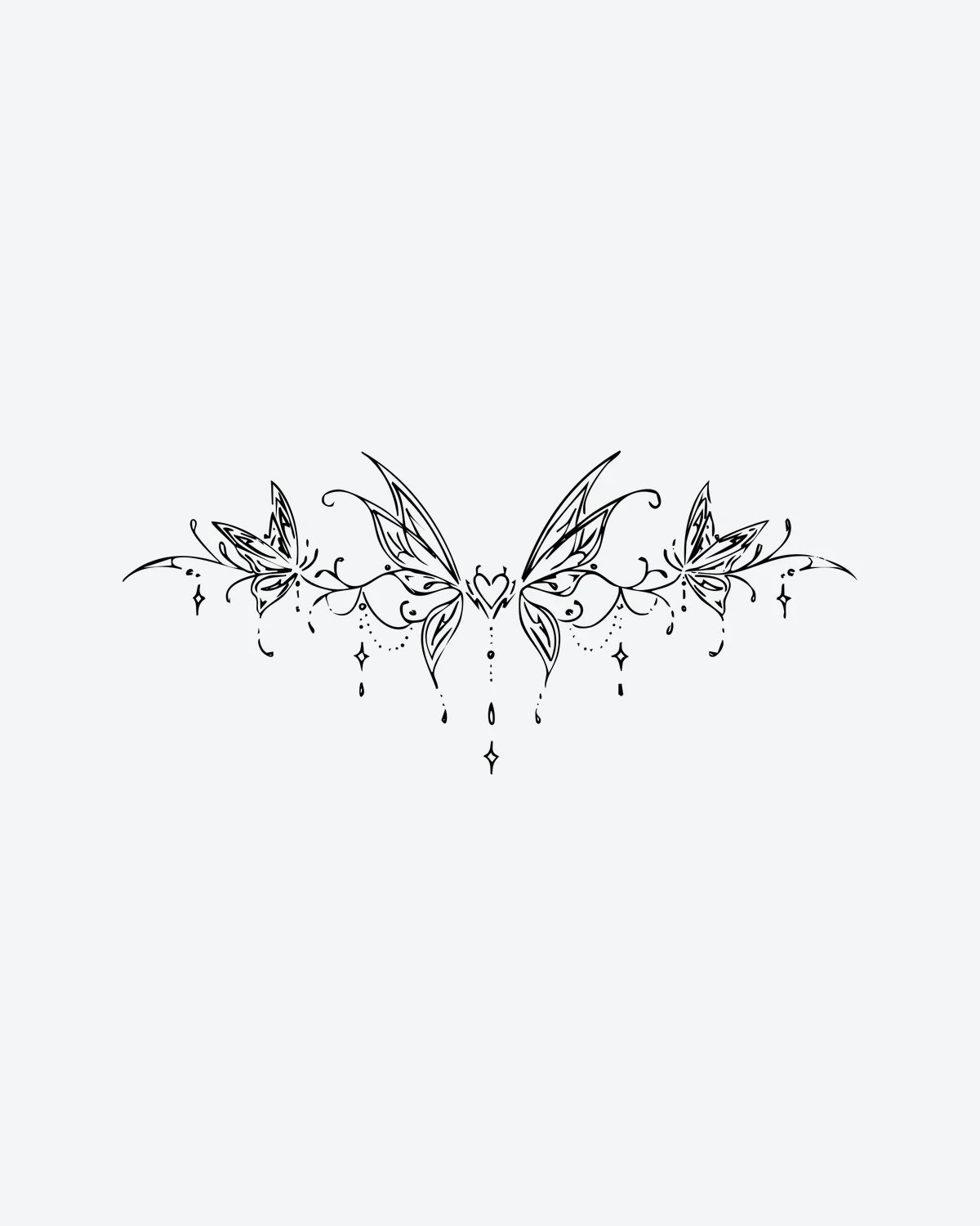 Fairy Charm semi-permanent tattoo design by INKY – Fine Line, Vine, Butterfly, Star, Heart illustration, 4 x 8 in (11x20 cm), available at inkytatt.com