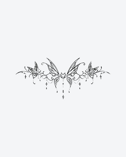 Fairy Charm semi-permanent tattoo design by INKY – Fine Line, Vine, Butterfly, Star, Heart illustration, 4 x 8 in (11x20 cm), available at inkytatt.com