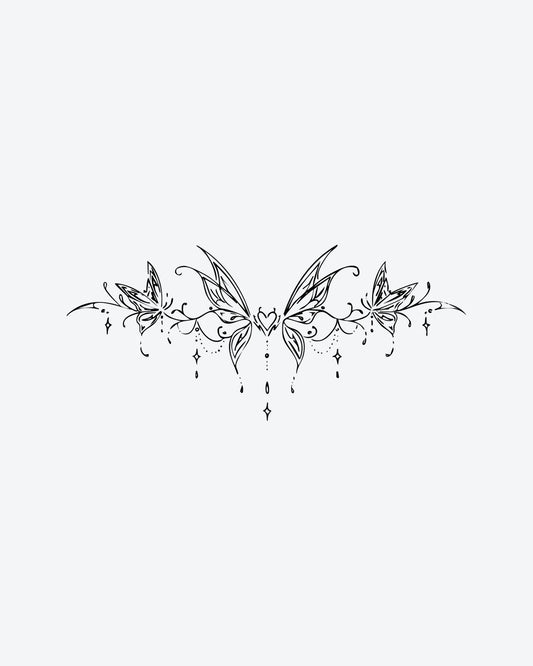 Fairy Charm semi-permanent tattoo design by INKY – Fine Line, Vine, Butterfly, Star, Heart illustration, 4 x 8 in (11x20 cm), available at inkytatt.com