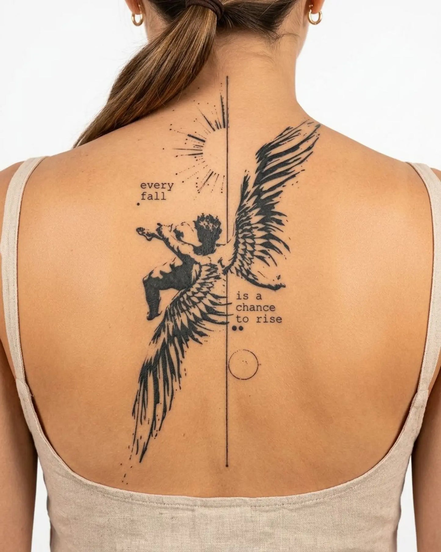 INKY Fall to Rise semi-permanent tattoo applied on a woman – 4 x 8 in (11x20 cm) design, realistic ink look, lasts 10 days